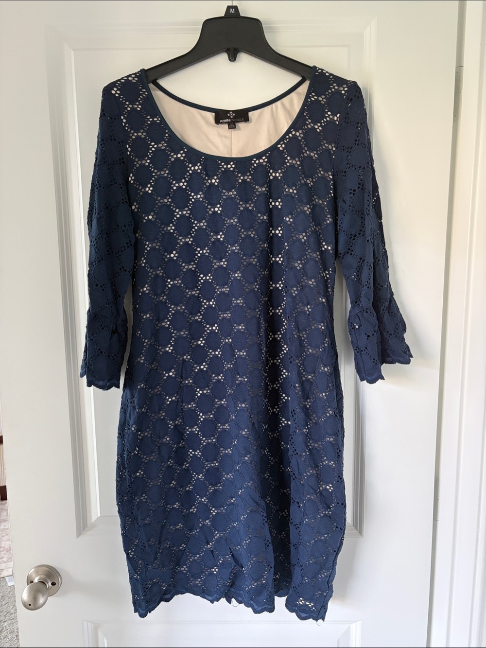 Navy Crochet Lace Shift Dress with Three-Quarter Sleeves